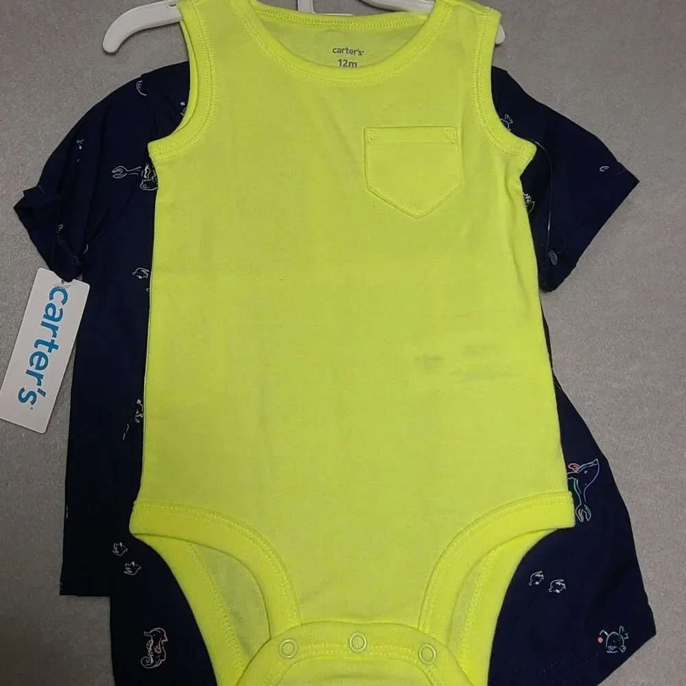 Carters Baby Boy Button Up Shirt, Shorts, Bodysuit 3pc Set Beach Summer Fish 12M
